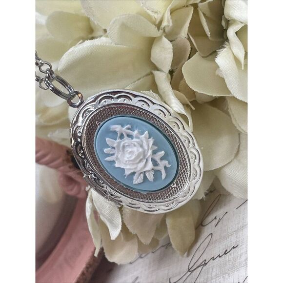 BLUE Rose White Mothers Day Cameo Locket Silver Easter Daughter Gift Wedding - Picture 4 of 10